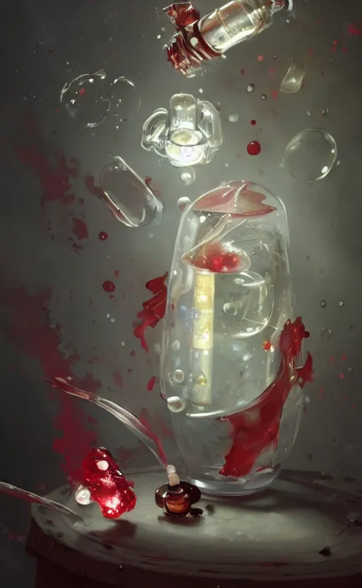 Image similar to a beautiful painting illustration of a health potion, scratched vial, bubbles, crimson, by greg rutkowski, featured on artstation, rpg item