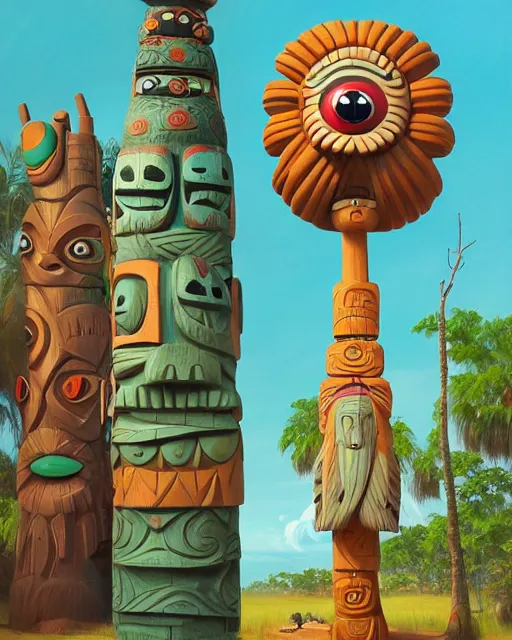 Image similar to a painting of a tribal tiki hut with a totem pole by its side, a surrealist painting by Naoto Hattori, by Beeple, by Makoto Shinkai and Lois van baarle, trending on deviantart, pop surrealism, lowbrow, grotesque, whimsical