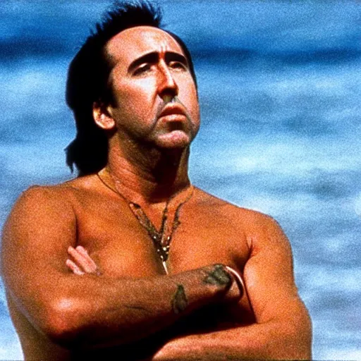 Prompt: Nicolas Cage pondering his Orb in Point Break