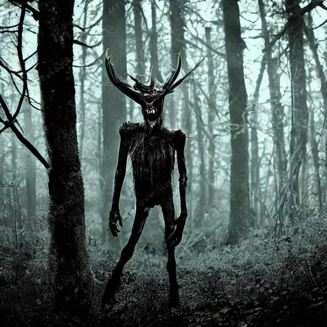 Image similar to bloody wendigo in forest at night, night vision, shot from ground, grainy