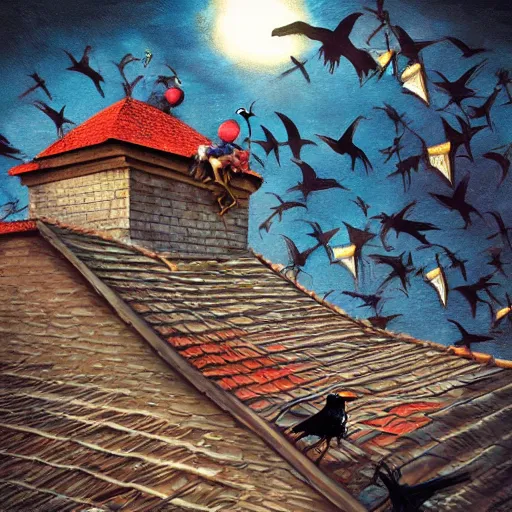 Image similar to a clown on the roof of the church playing with crows, by android jones and m. c. escher collaboration, futurist, digital art, dramatic lighting, symbolic