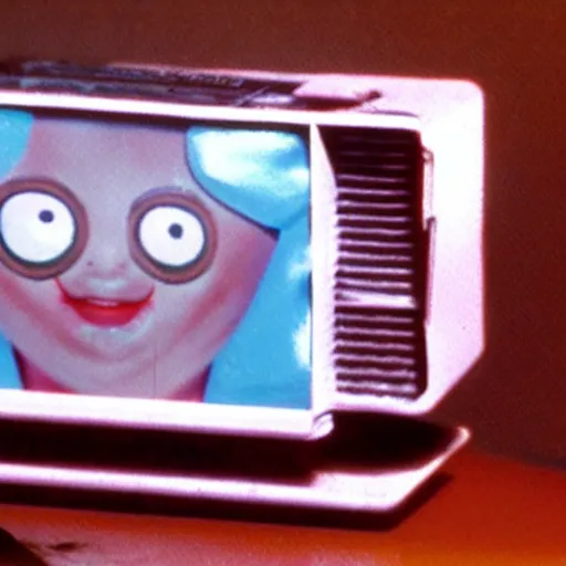 Image similar to vhs footage of an 8 0 s toy commercial of a super creepy toy