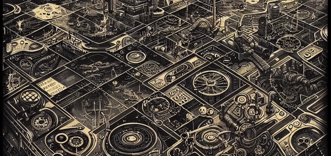 Prompt: cyberpunk steampunk tiled floor, one point perspective, high details, line art, by vincent di fate and joe fenton, inking, screen print, trending on artstation, sharp,, hyper - detailed, hd, 4 k, 8 k