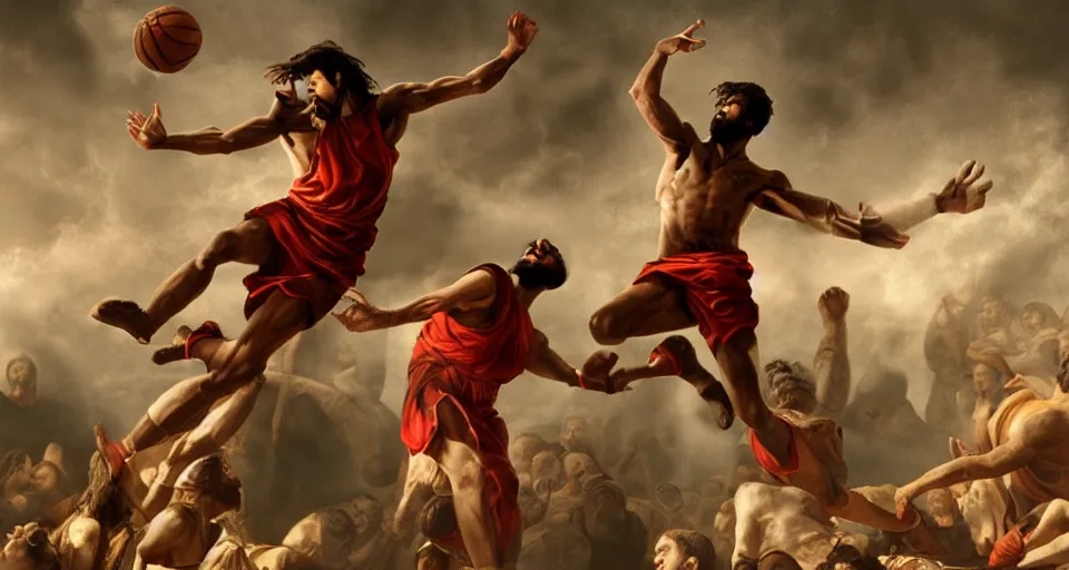 Prompt: biblical scene of jesus dunking a basketball versus satan, michaelangelo, matte painting, concept art, 4 k