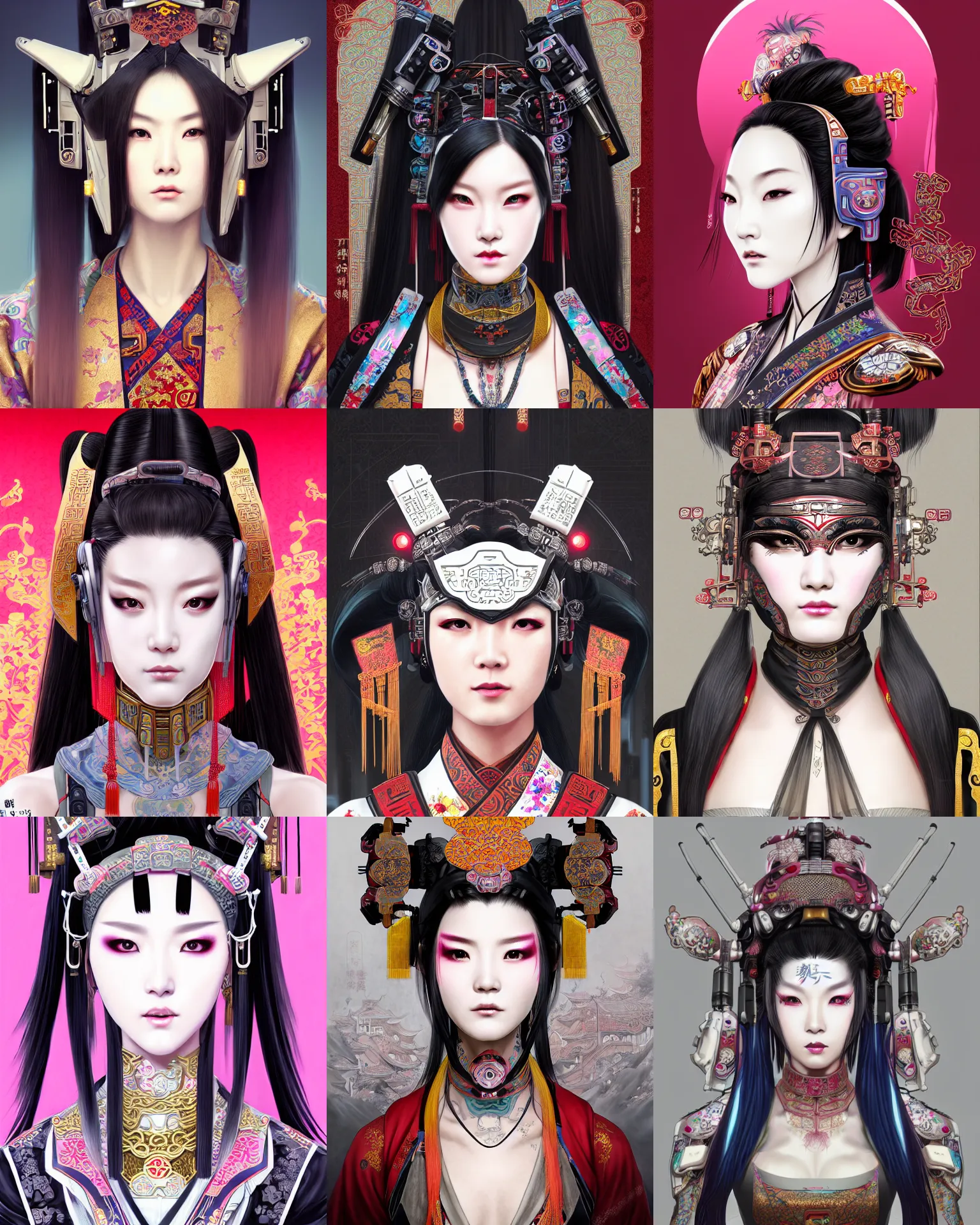 Prompt: upper half portrait of a female with machine head gear cyberpunk face accessories, decorated with chinese opera motifs, cyberpunk, royal, fine china, wuxia, hanfu, traditional chinese art intricate intense elegant highly detailed digital painting artstation concept art smooth sharp focus illustration, art by mike nash and artgerm and alphonse mucha and yukito kishiro