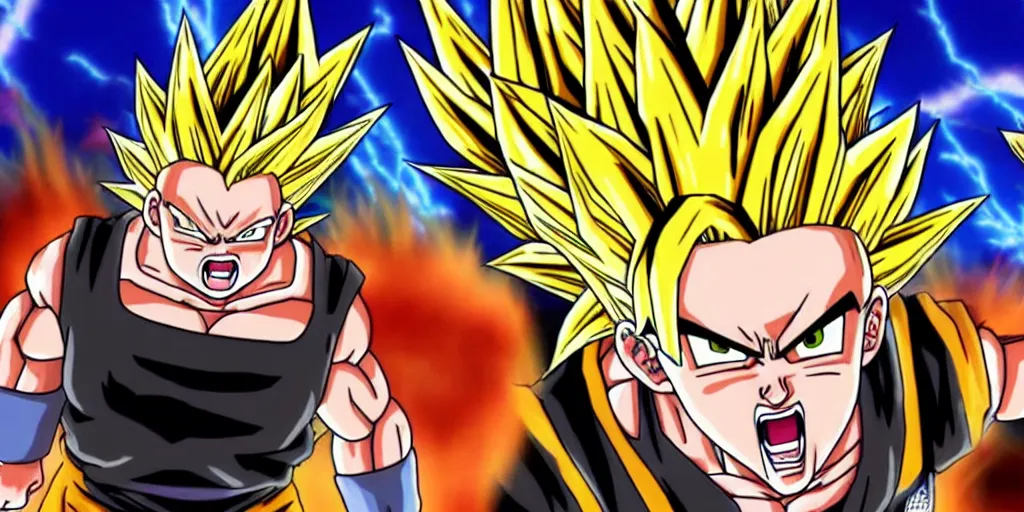 Image similar to Guy Fieri goes super Saiyan, still from Dragonball Z, detailed, 4k