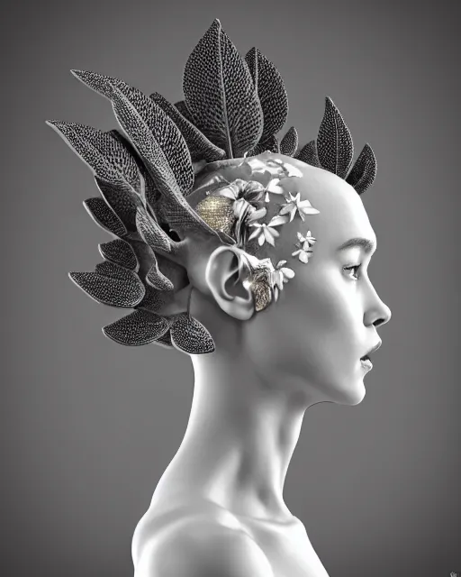 Image similar to close - up profile face, black background, 3 d render of a beautiful porcelain vegetal dragon cyborg young female, 1 5 0 mm, beautiful natural soft rim light, silver gold details, magnolia leaves and stems, roots, fine lace, mandelbot fractal, elegant, ultra detailed, white metallic armour, octane render, black and white, h. r. giger style