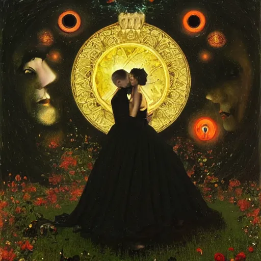 Image similar to two lover figures in black, in a dark void, channeling third eye energy, surrounded by a background of cyber mystic garden of earthly delights, midnight hour, painted part by wojciech siudmak, part by ilya repin, part by norman rockwell, part by zhang jingna, artstation