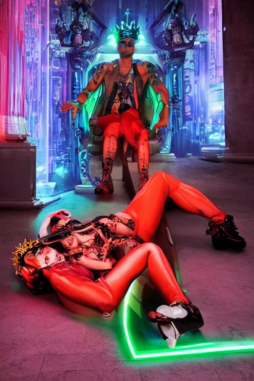 Image similar to full-body rococo and cyberpunk style neon statue of a muscular attractive Cuban papi sim roupa macho dotado e rico android sim roupa reclining con las piernas abiertas e la piroca dura e afuera, glowing red laser eyes, prince crown of red gears, diamonds, swirling black-colored silk fabric. futuristic elements. full-length view. aggressive space robots. giant balloon animals. human skulls. intricate artwork by caravaggio. Trending on artstation, octane render, cinematic lighting from the right, hyper realism, octane render, 8k, depth of field, 3D