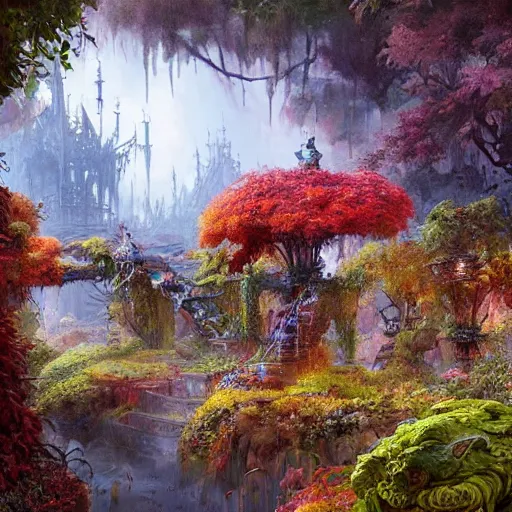 Image similar to garden lightning autumn rich ornate cryengine render fantasy cinematic by m. c. escher, john berkey, artgerm, stephen gammell, justin gerard, james jean, james christensen, moebius