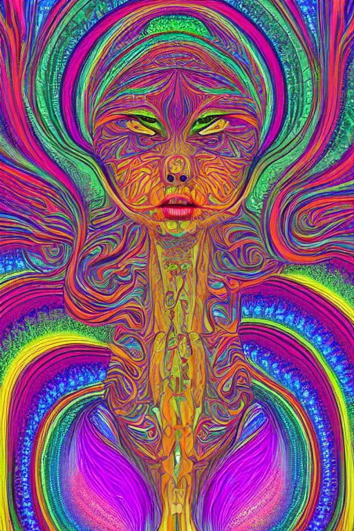Prompt: symmetrical portrait of a psychedelic colorful woman-chameleon, detailed fractal skin, Johanna, Martine, Alex Grey, beautiful eyes, modern art, 4k
