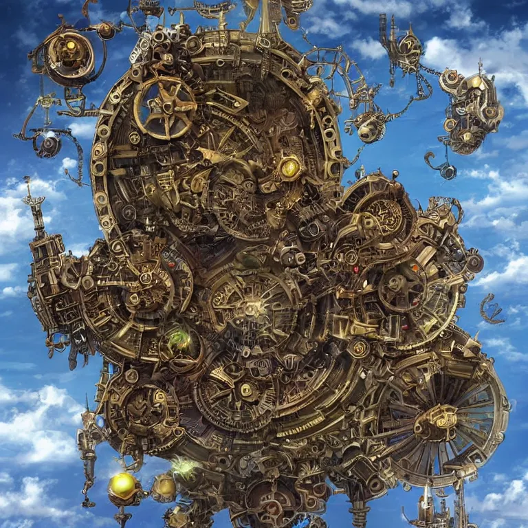 Image similar to flying city in a mechanical flower, sky!, fantasy art, steampunk, masterpiece, behrens style