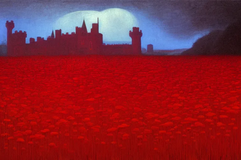 Image similar to only with red, red flowers of different types, a castle in the background, red giants rest over the flowers, in the style of beksinski, part by hopper, part by rodcenko, part by hofbauer, intricate composition, red by caravaggio, insanely quality, highly detailed, masterpiece, red light, artstation, 8 k