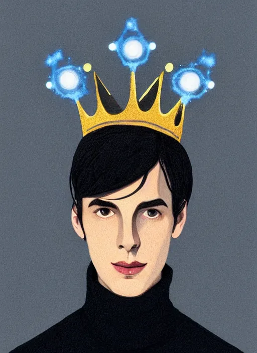 Image similar to portrait of teenage jughead jones wearing a light grey crown, crown, blue turtleneck, 1 9 5 0 s, closed eyes, photorealistic, black hair, glowing lighting, intricate, elegant, glowing lights, highly detailed, digital painting, artstation, concept art, smooth, sharp focus, illustration, art by wlop, mars ravelo and greg rutkowski