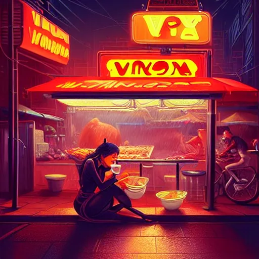 Image similar to splash art of anthropomorphic female vulpes vulpes fulva woman sitting at a noodle stand eating noodles in the crowded street of a cyberpunk city, rain, harsh neon lighting, realistic ultra detailed, by greg rutkowski, wlop, ilya kuvshinov, artgerm