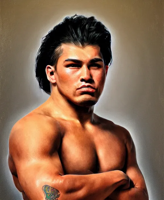 Image similar to portrait of a handsome young tejano wrestler, art by denys tsiperko and bogdan rezunenko, hyperrealism