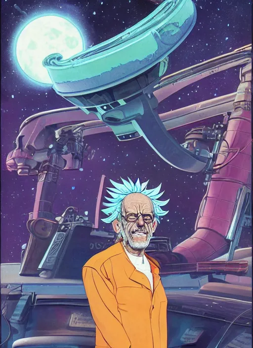 Prompt: Christopher Lloyd as Rick Sanchez on the cover of Galaxy Science Fiction, 1965, detailed, epic, vintage 1960s print, trending on artstation