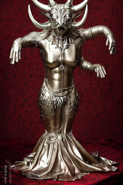 Image similar to chrome carved statue of horned persian sacred demon goddess, metallic polished intricated sculpture, dressed with a colorful torn cotton cloak, made by antonio corradini, and dug stanat macabre art, dark surrealism, epic and cinematic view, volummetric light, texturized, detailed, 8 k