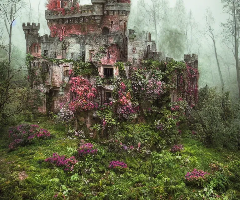 Prompt: old rundown castle in the middle of a haunted forest, foggy, high fantasy, colorful flowers, aged vegetation, photorealism, symmetry