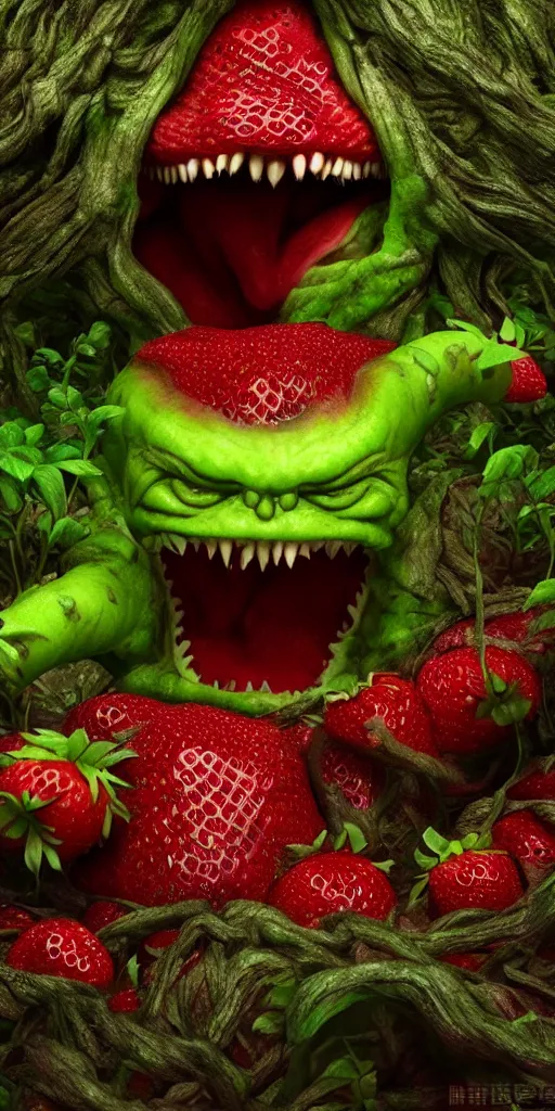 Prompt: an angry smiling strawberry with purple eyes, surrounded by a green forrest, moody, lovecraft, giger, ridley scott, zack snyder, Fenghua Zhong, realistic cinematic lighting, establishing action shot, ultra detailed, hyper realism, photo, octane render