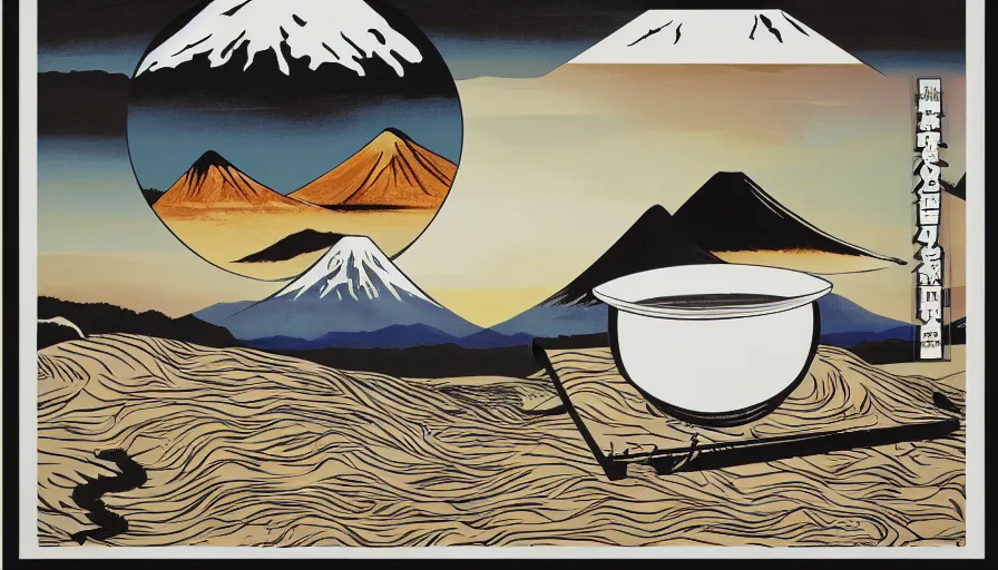 Prompt: award winning graphic design poster advertising an art exhibition, cutouts constructing an contemporary art depicting a colossal tonkotsu ramen bowl massive in the foreground, containing rural splendor and a mountain range isolated on white, a single Mount Fuji in the distant horizon, ramen bowl containing bountiful crafts, local foods, in the style of edgy and eccentric abstract cubist realism, neo-classical painting items composition confined and isolated on white, negative space mixed media collage painting by Alex Yanes, Leslie David and Lisa Frank, muted colors with minimalism, neon color details