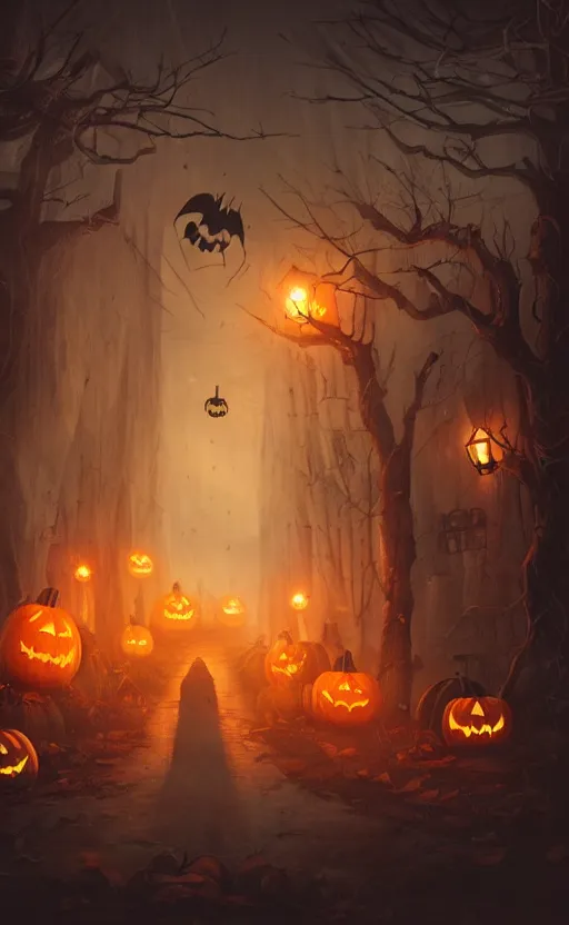 Image similar to a creepy and eery Halloween setting, with Jack o lanterns on the street and ghost roaming around, dynamic lighting, photorealistic fantasy concept art, stunning visuals, creative, cinematic, ultra detailed, trending on art station, spooky vibe