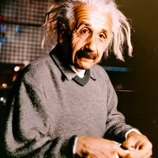 Prompt: color photograph of focused serious looking Albert Einstein DJ at a nightclub, in color, color photograph, colors
