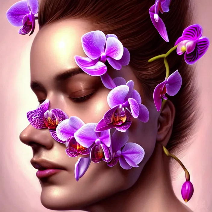 Prompt: face made of orchid, diffuse lighting, fantasy, intricate, elegant, highly detailed, lifelike, photorealistic, digital painting, artstation, illustration, concept art, smooth, sharp focus, art by Giuseppe Arcimboldo