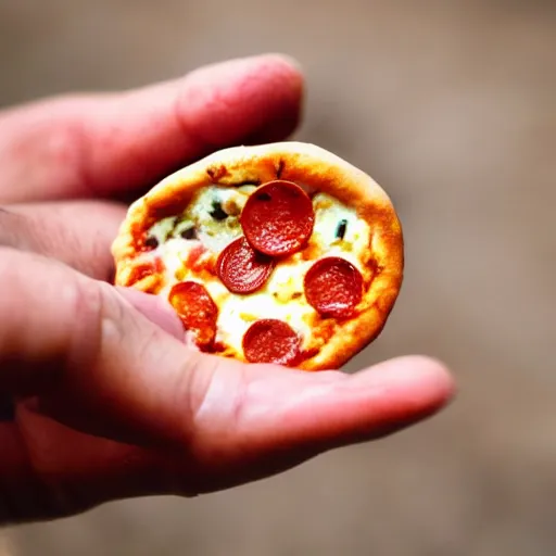 Prompt: a tiny pizza in the palm of somebody's hand, extreme close up, macro lens