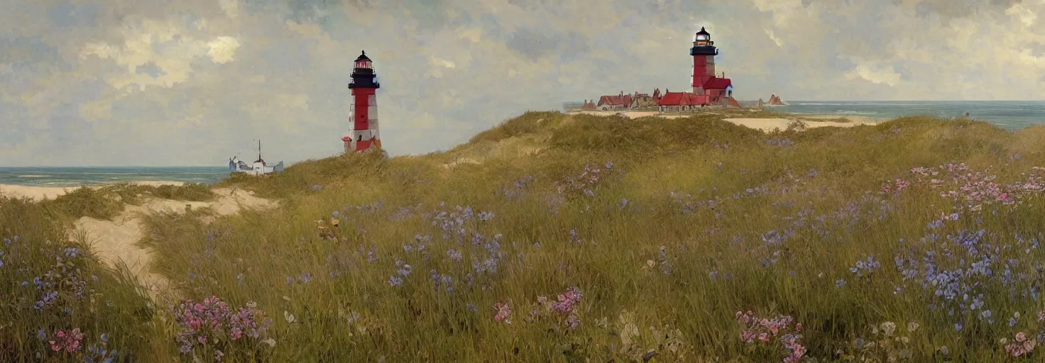 Image similar to super detailed in the style of Jan Brueghel the Elder, greg rutkowski and alphonse mucha , of Prince Edward Island with ocean a single lighthouse and sand dunes.