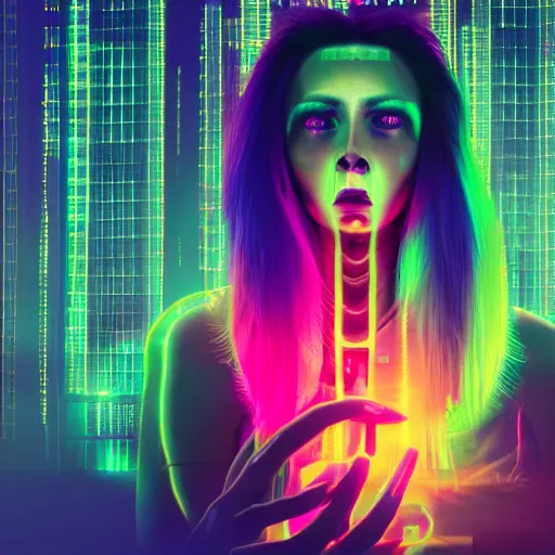 Prompt: human flesh computer device wires skin with cyberpunk city dark background neon rainbow hair vivid colors stardust smoke photo 8k