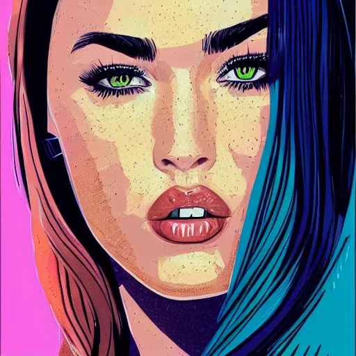 Prompt: megan fox colorful portrait, artwork by arunas kacinskas, graphic design, flat color and line, sketch, minimalistic, procreate, digital illustration, ipad pro, vector illustration, doodle, graphic, inky illustration, pastel