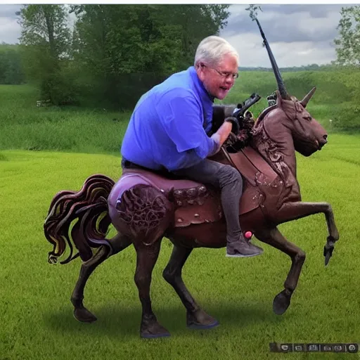 Prompt: mitch mcconnel riding a unicorn while shooting an ar - 1 5.