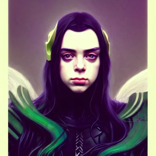 Image similar to Billie Eilish as Female Loki, very detailed, digital art, trending on artstation, concept art, smooth, illustration, art by artgerm and greg rutkowski and alphonse mucha and J. C. Leyendecker and Edmund Blair Leighton and Katsuhiro Otomo and Geof Darrow and Phil hale and Ashley wood