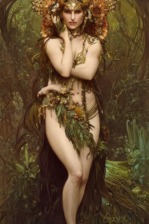 Prompt: natalie portman as queen of the jungle, painted by nekro, alphonse mucha, dark - fantasy, intricate detail, artstation, cgsociety, rococo, gold leaf art