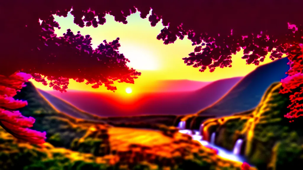 Image similar to featured on artstation cherry tree overlooking valley waterfall sunset beautiful image stylized digital art