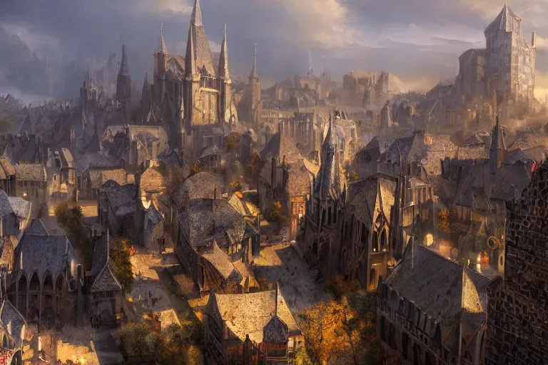 Image similar to A small medieval city, fantasy, dynamic lighting, cinematic, concept art, trending on artstation, sharp focus, highly detailed, 8k, photo, still, midday, sunny