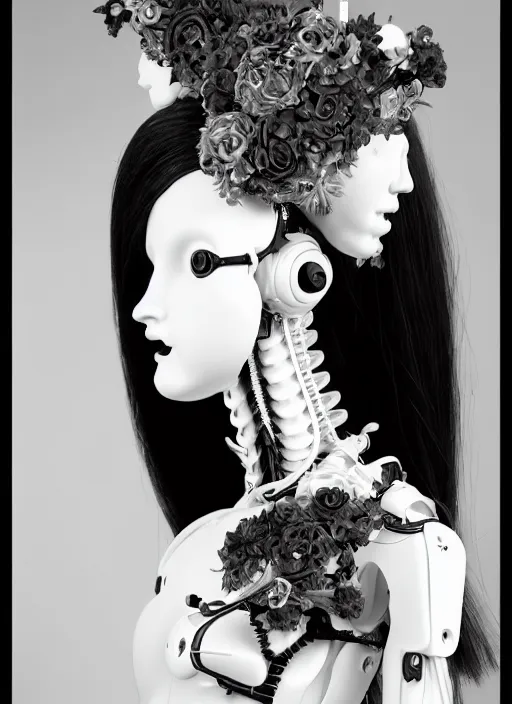 Prompt: black and white dreamy profile face portrait, biomechanical beautiful angelic young female cyborg - robot - doll with long hair made of flowers, body ribs, volumetric light, hibiscus flowers, rim light, big gothic fashion pearl embroidered collar, 1 9 3 0, 8 k