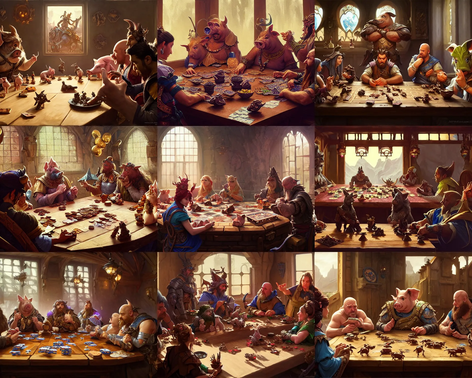 Prompt: film still, pigs sit at table playing dnd, deep focus, d & d, fantasy, intricate, elegant, highly detailed, digital painting, artstation, concept art, matte, sharp focus, illustration, hearthstone, art by artgerm and greg rutkowski and alphonse mucha.