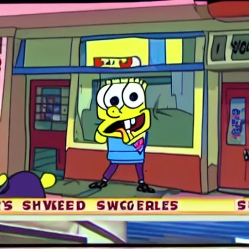 Image similar to cctv footage recorded last night of spongebob squarepants robbing a store