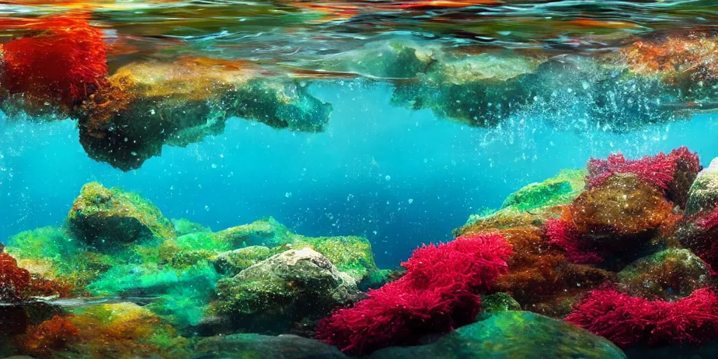 Image similar to ultra realistic underwater photography, panoramic picture of a river with large brightly colourful fish. lots of bubbles. seaweed and some rocks. gloomy scattered light entering from the water surface, artstation, 8 k