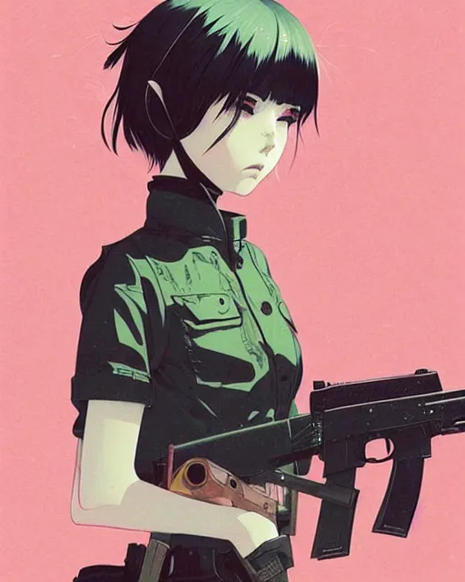 Image similar to girl holding rifle, manga!! detailed manga illustration!! intricate details, aesthetically pleasing pastel colors, poster background, aesthetic details, art by conrad roset and ilya kuvshinov