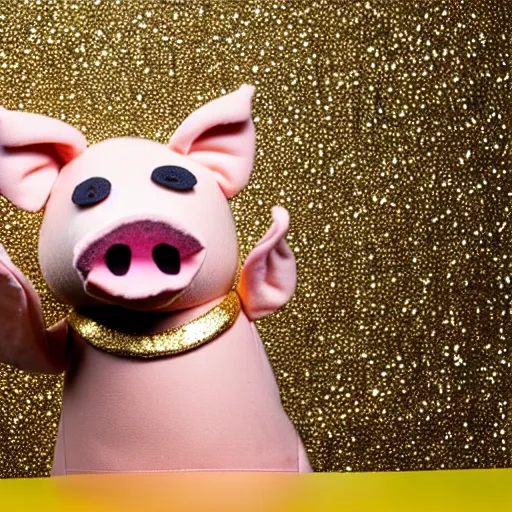 Prompt: studio photograph of a pig wearing a gold crown depicted as a muppet holding a protest sign