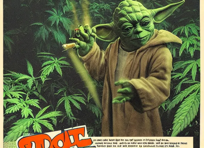 Image similar to vintage travel advertisement for the planet dagobah, of yoda smoking a huge marijuana cigarette, surrounded by cannabis plants