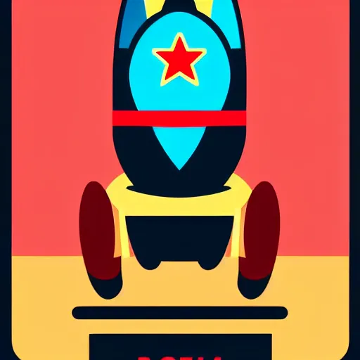 Prompt: rocket standing on a street in the middle of a cyberpunk city, neon signs, beige background, minimalism, flat design, flat colors, in the style of a soviet propaganda poster