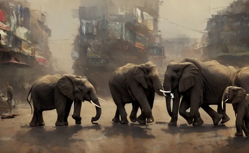 Image similar to Huge elephants dragging goods across the road, which is surrounded by dense fruit stalls, ue, high precision, By Craig Mullins