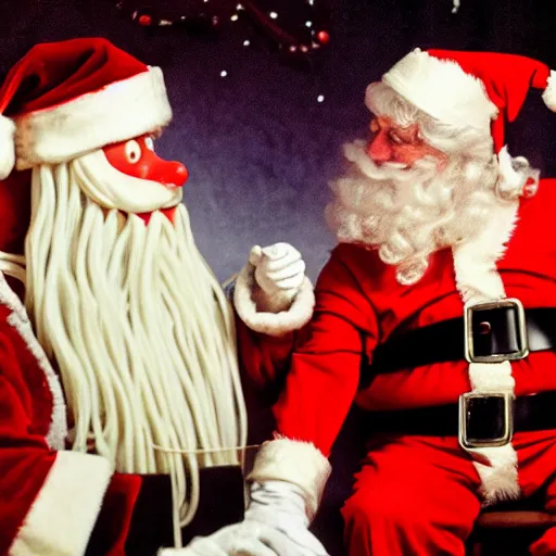 Image similar to nosferatu sharing a string of spaghetti with santa claus, holding hands, heartwarming emotional image, photograph