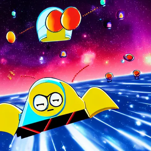 Prompt: pacman flying through space with galaga ship