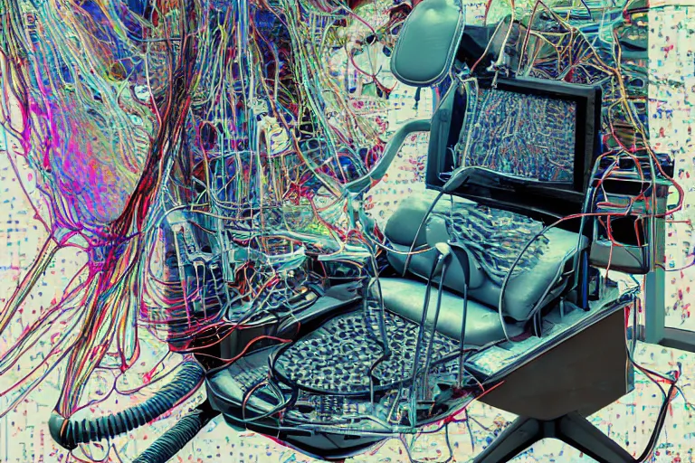 Image similar to man laying on a dentist's chair connected to a machine in a room filled with computer cables and organic material by nikita panin and din burns and phosphor, glitch art, large patches of colors, high contrast, intricate, hyper detailed