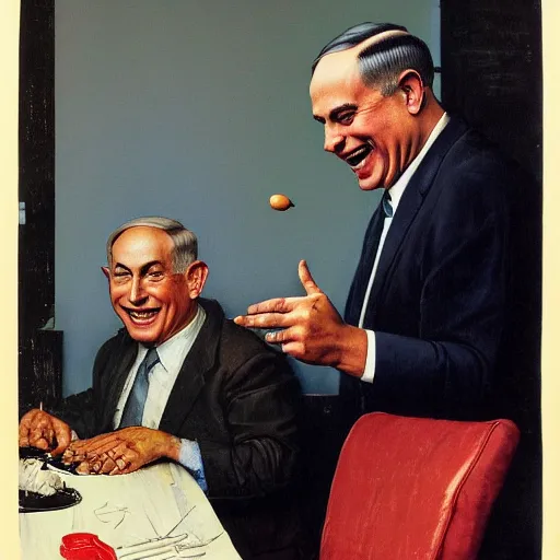 Image similar to benjamin netanyahu laughing and pointing at screen, by norman rockwell